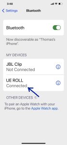 Screenshot of iPhone Bluetooth page, showing the UE Roll as Connected.