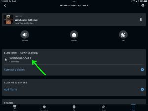 Screenshot of The UE Wonderboom 2 speaker connected to an Echo Dot 4 on the Device Settings page in the Alexa App on iPadOS.