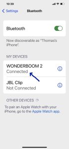 Screenshot of the iPhone Bluetooth page, showing the Wonderboom 2 as Connected.