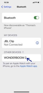 Screenshot of the iPhone Bluetooth page, showing the Wonderboom 2 as discovered but not connected.