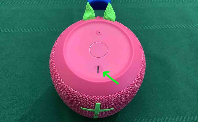 Picture of the top of the Wonderboom 3 BT speaker. showing the dark Power button.