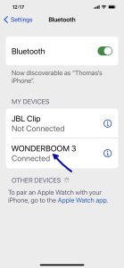 Screenshot of the Bluetooth page, showing the Wonderboom 3 as Connected.