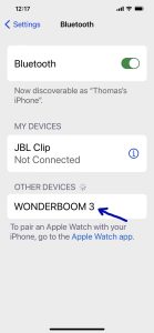 Screenshot of the Bluetooth page, showing the Wonderboom 3 as discovered but not connected.