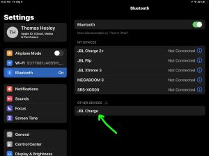 Screenshot of the iPadOS Bluetooth Settings page, showing the JBL Charge speaker, discovered but not paired.