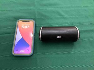 Picture of an iPhone beside the JBL Flip speaker.