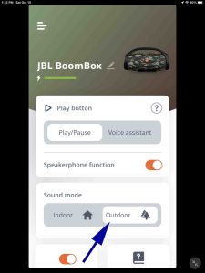 Screenshot of the Outdoor button active on the JBL Boombox 1 Home page in the JBL Portable app. 