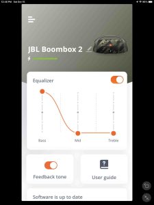 Screenshot of the Home screen for the JBL Boombox 2 speaker in the Portable app, showing the audio equalizer controls set for maximum bass boost. 