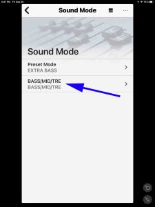 Screenshot of the BASS / MID / TRE item on the Sound Mode page.