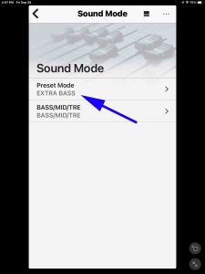 Screenshot of the Preset Mode item set to EXTRA BASS on the Sound Mode page.