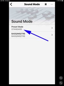 Screenshot of the Preset Mode item set to STANDARD on the Sound Mode page.
