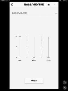 Screenshot of the BASS / MID / TRE page with sliders set for maximum bass boost.