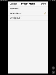 Screenshot of the EXTRA BASS item checked on the Preset Mode page.