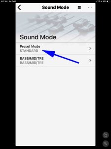 Screenshot of the Preset Mode item set to STANDARD on the Sound Mode page.