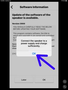 Screenshot of the Connect Speaker to Power Supply window for software version 3900 in the Sony Music Center app. OK button is highlighted.