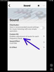 Picture of the Custom EQ option on the Sound page for the Sony XP 500 in the Music Center app..