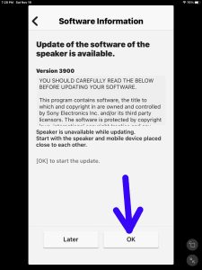 Screenshot of the software information page for version 3900 of the firmware in the Sony Music Center app. OK button highlighted.