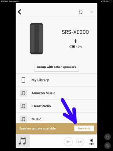 Screenshot of the Sony Music Center app, displaying the SRS XE200 Home page with a speaker update available, showing the More Info button.