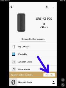 Screenshot of the Sony Music Center app, displaying the SRS XE300 Home page with a speaker update available, showing the More Info button.