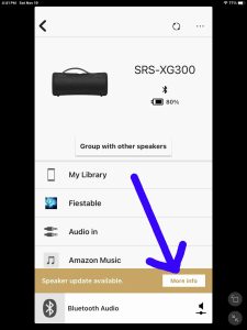 Screenshot of the Sony Music Center app, displaying the SRS XG300 Home page with a speaker update available, showing the More Info button.