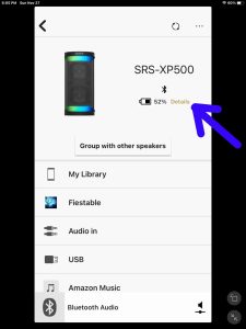 Screenshot of the Battery Details link on the SRS XP500 karaoke speaker home page.