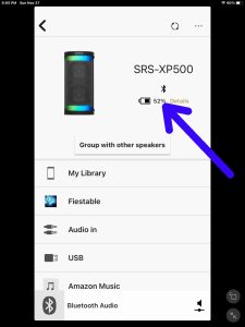 Screenshot of the Sony Music Center app displaying the battery percentage of an SRS XP500 karaoke speaker.