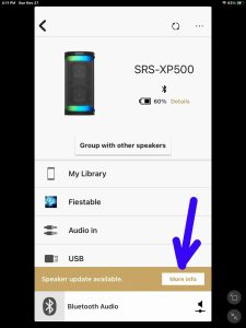 Screenshot of Sony Music Center app, displaying the SRS XP500 Home page with a speaker update available, showing the More Info button.