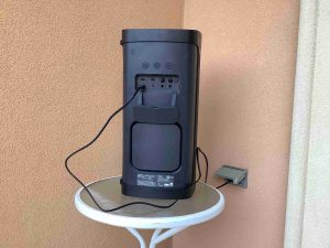 Picture of the Sony SRS XP500 speaker connected to AC power.