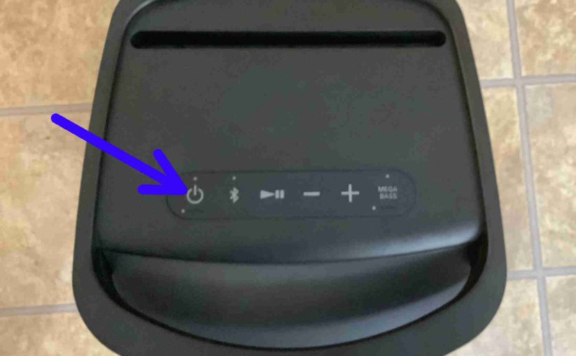 Picture of the -Power- button on the Sony SRS XP500 speaker.