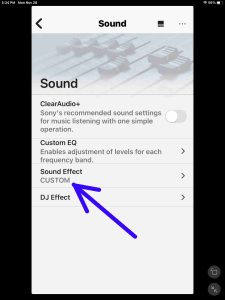 Picture of the Sound Effect option now set to Custom on the Sony XP 500 Sound page in the Music Center app.