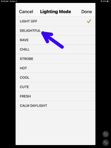 Screenshot of the DELIGHTFUL option on the Lighting Mode page.