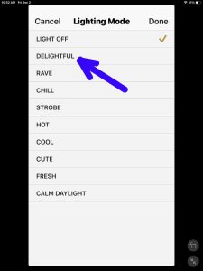 Screenshot of the Delightful option on the Lighting Mode page.
