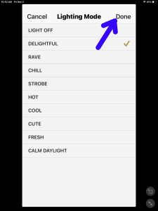 Screenshot of the Done button with the DELIGHTFUL option set on the Lighting Mode page.
