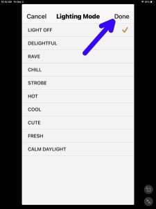 Screenshot of the Done option on the Lighting Mode page.