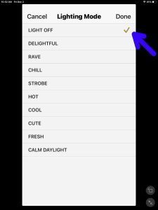 Screenshot of the LIGHT OFF option set on the Sony SRS XP500 Lighting Mode page.