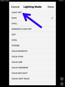 Screenshot of the LIGHT OFF option on the Lighting Mode page.