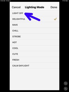 Screenshot of the Light Off option on the Lighting Mode page.