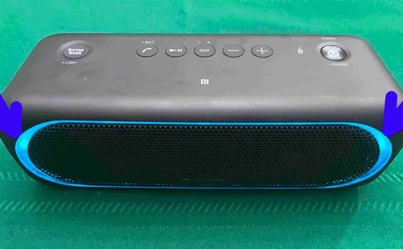 Picture of the glowing party lights on the front of the Sony SRS XB30 speaker.