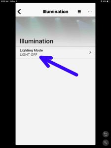 Screenshot of the Sony XG300 Lighting Mode option set to LIGHT OFF on the Illumination Settings Page in the Music Center app.