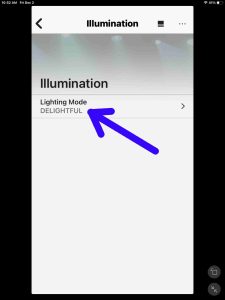 Screenshot of the Lighting Mode option for the Sony SRS XP500 speaker on the Illumination page in the Music Center app.