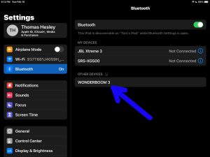 Screenshot of the iPadOS Bluetooth Settings page, showing the Wonderboom 3 as found.