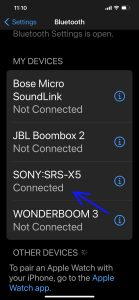 Screenshot of the iPhone Bluetooth Settings page, showing the Sony X5 as Connected.