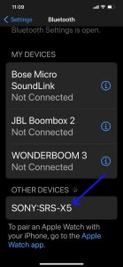 Screenshot of the iPhone Bluetooth Settings page, showing the Sony X 5 as Discovered.