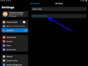 Screenshot of the iPadOS -Bluetooth Settings-page for the JBL Flip 6. Showing the -Forget This Device- item.
