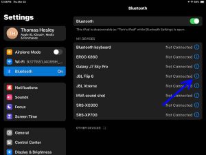 Screenshot of the iPadOS -Bluetooth Settings- page. Showing the -JBL Flip 6- as -Not Connected-, with its -Info- button highlighted.
