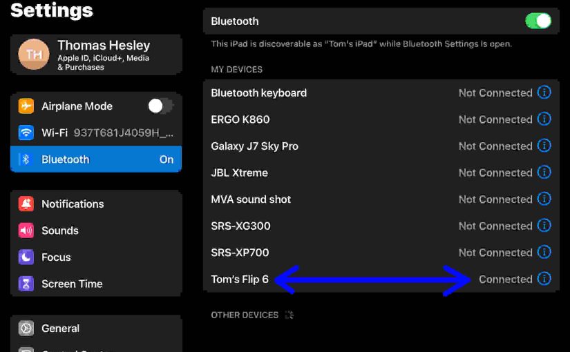 Screenshot of the iPadOS -Bluetooth Settings- -My-Devices- page. Showing the -JBL Flip 6- connected with a new name.