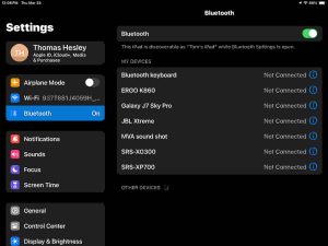 Screenshot of the iPadOS -Bluetooth Settings- page. Showing no -JBL Flip 6- present.